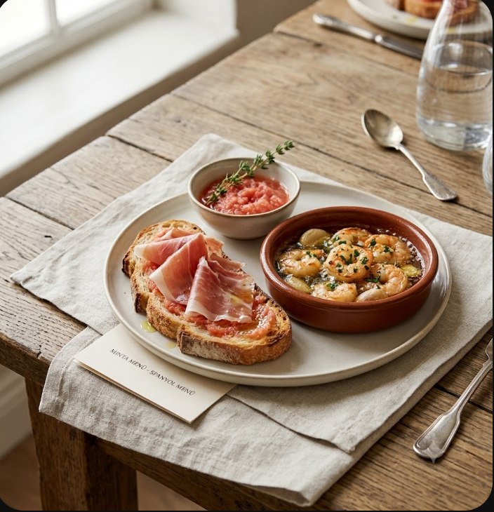 Spanyol menü — Pan con Tomate y Jamón Ibérico és Gambas al Ajillo